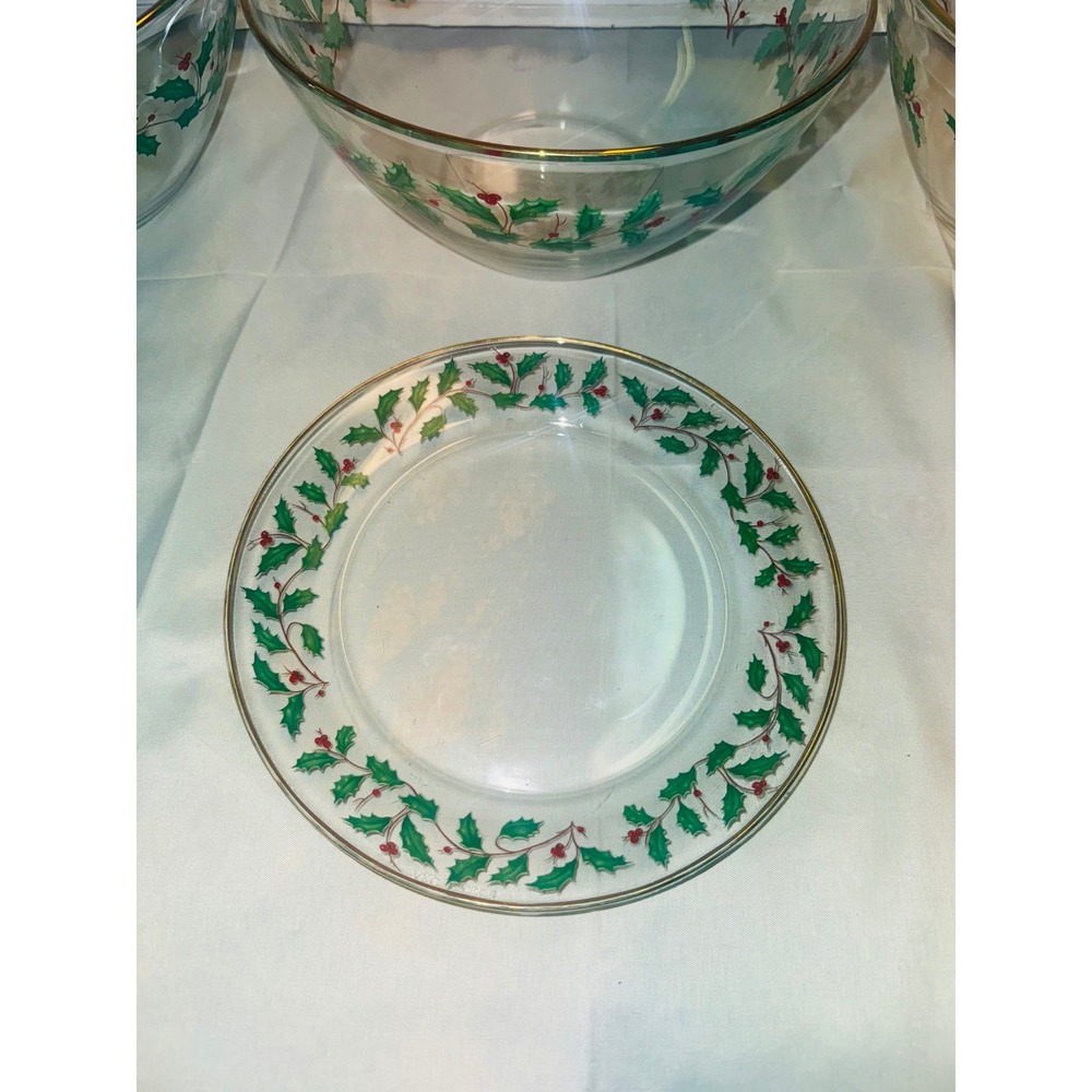 Lenox Set ARC France Christmas Holly Berry Glass Serving Bowl 22KT Gold Trim 9" - Picture 8 of 9